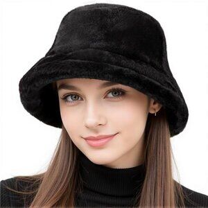 Winter Fluffy Faux Fur Bucket Hat for Women & Men  Solid Black Color Warm Cap